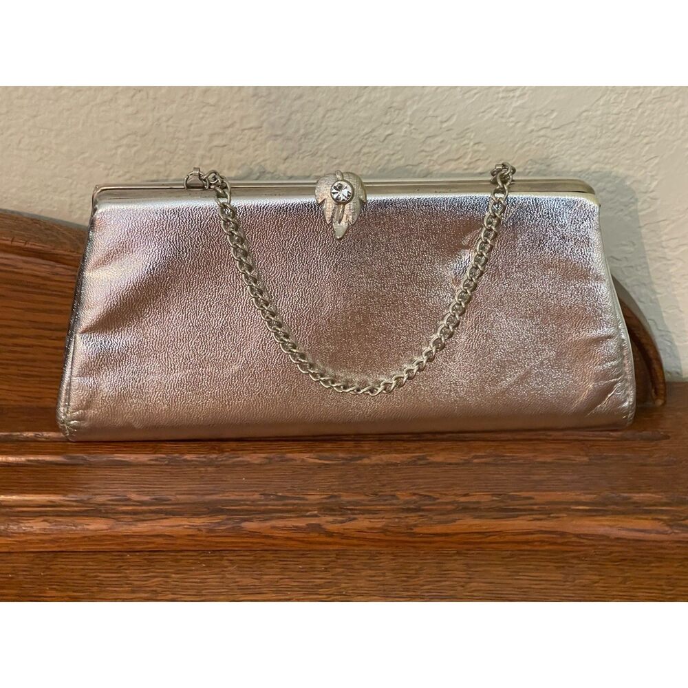 Vintage 60s Silver Metallic Clutch Bag Rhinestone Kiss Lock Leaf Closure Formal